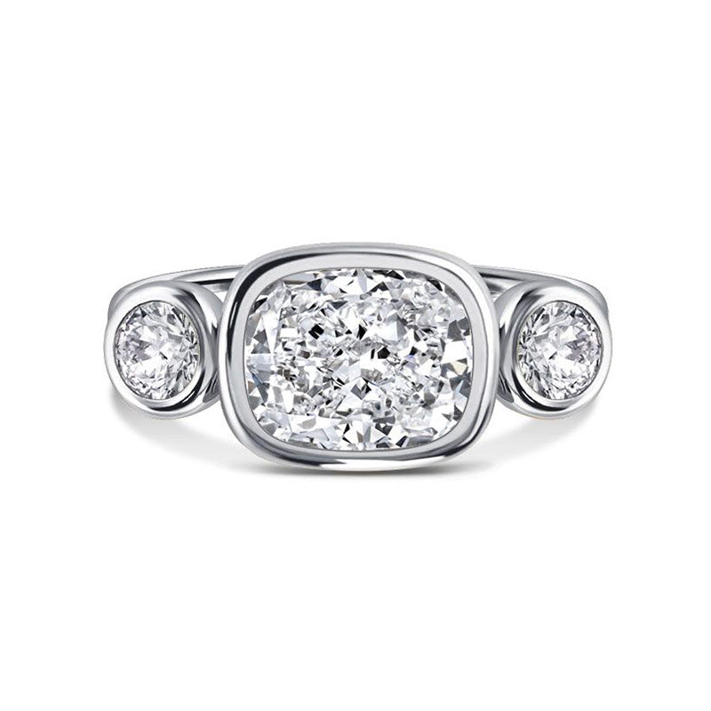 Three Stone Elongated Cushion Cut Moissanite Bezel Set Engagement Ring