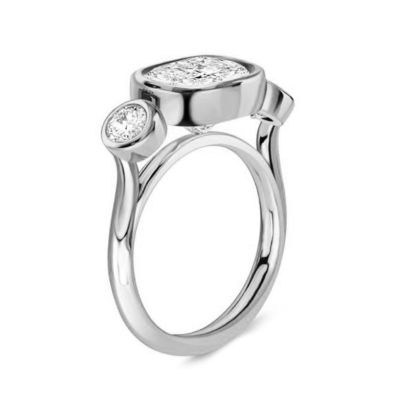 Three Stone Elongated Cushion Cut Moissanite Bezel Set Engagement Ring