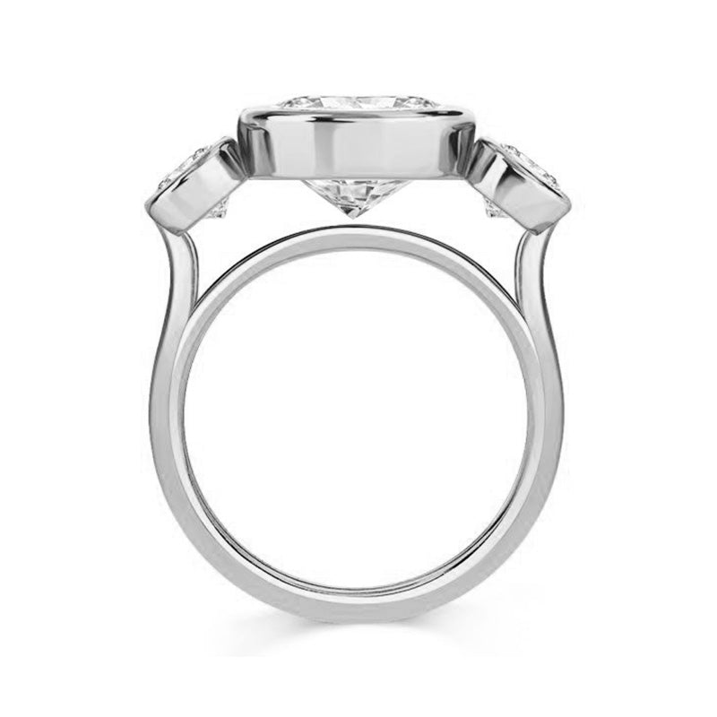 Three Stone Elongated Cushion Cut Moissanite Bezel Set Engagement Ring