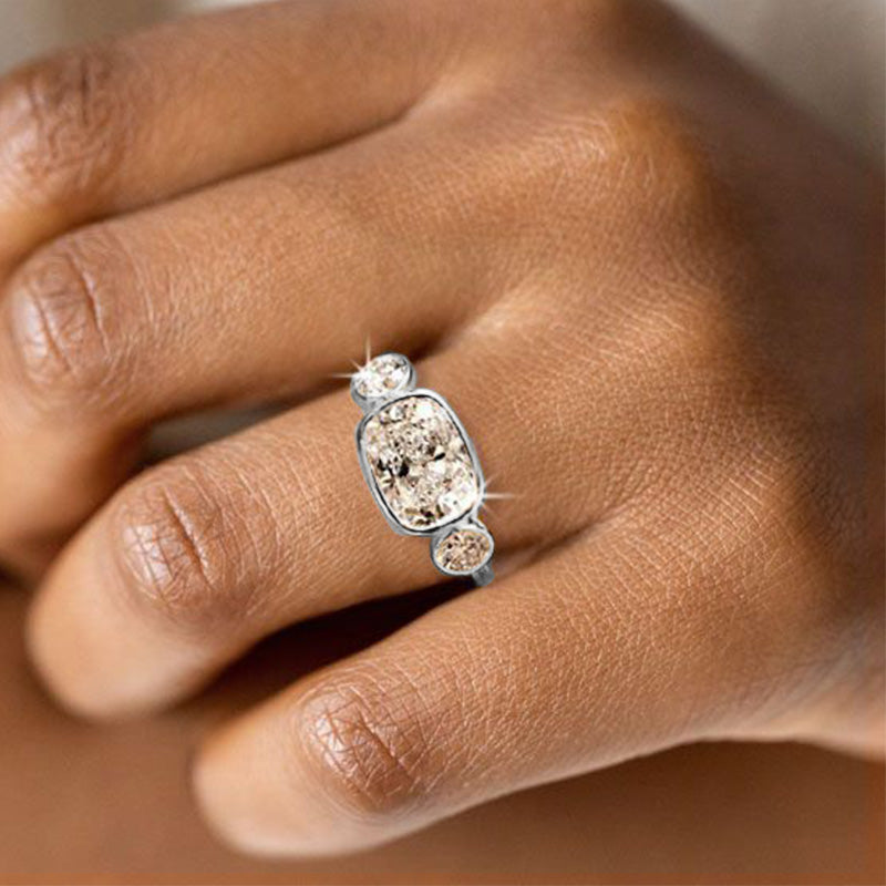 Three Stone Elongated Cushion Cut Moissanite Bezel Set Engagement Ring