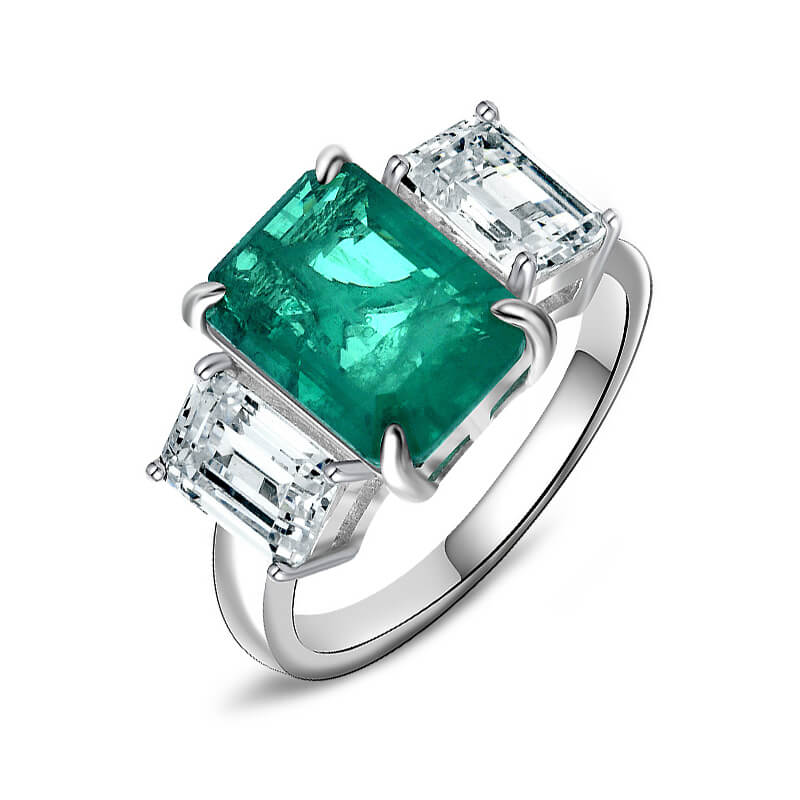 Three Stone Emerald-Cut  Paraiba And Sapphire Sterling Silver Ring