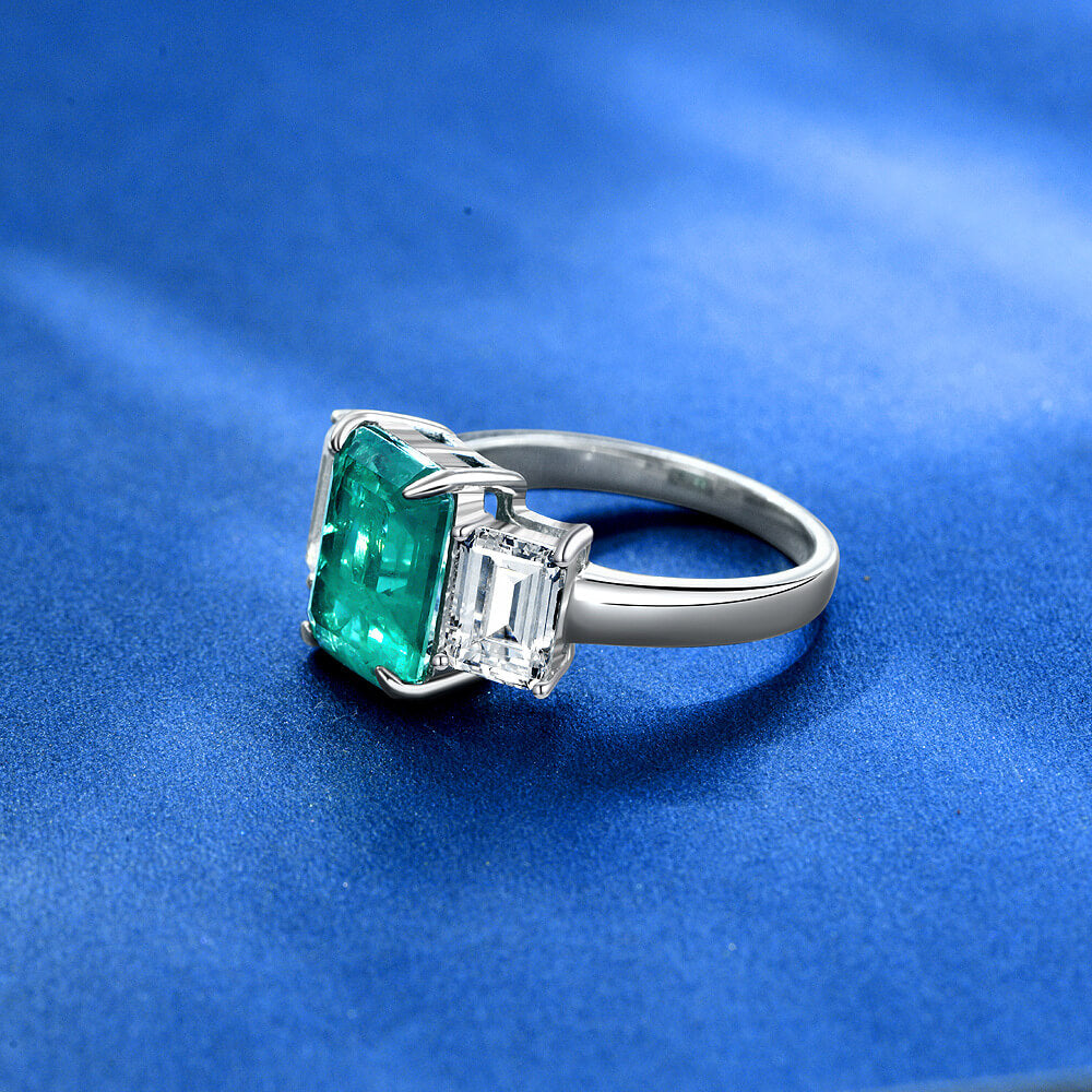 Three Stone Emerald-Cut  Paraiba And Sapphire Sterling Silver Ring