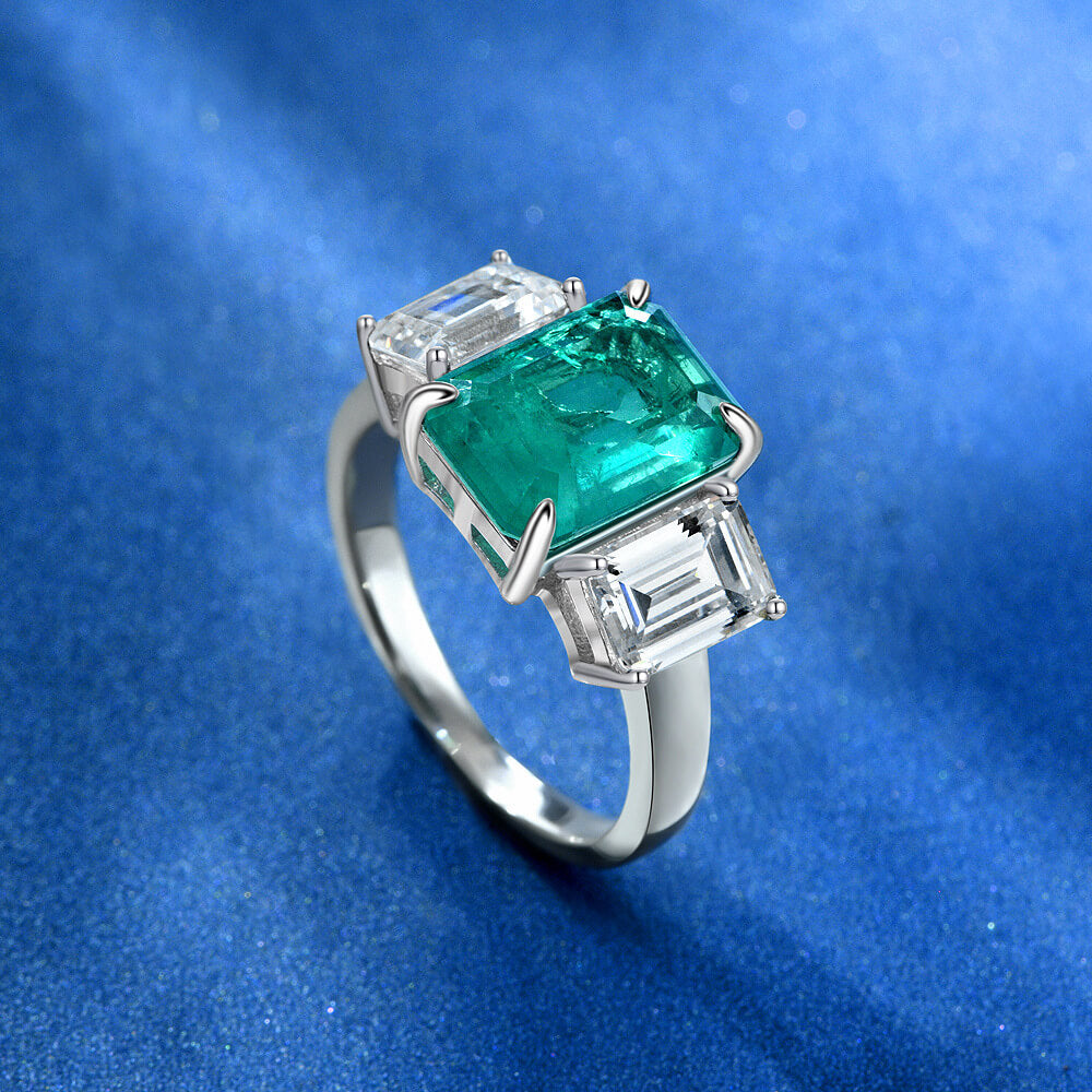 Three Stone Emerald-Cut  Paraiba And Sapphire Sterling Silver Ring