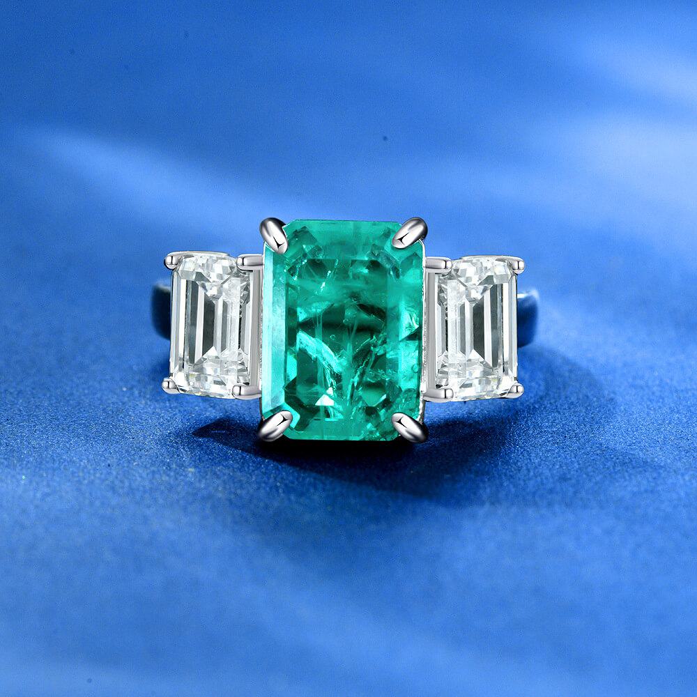 Three Stone Emerald-Cut  Paraiba And Sapphire Sterling Silver Ring
