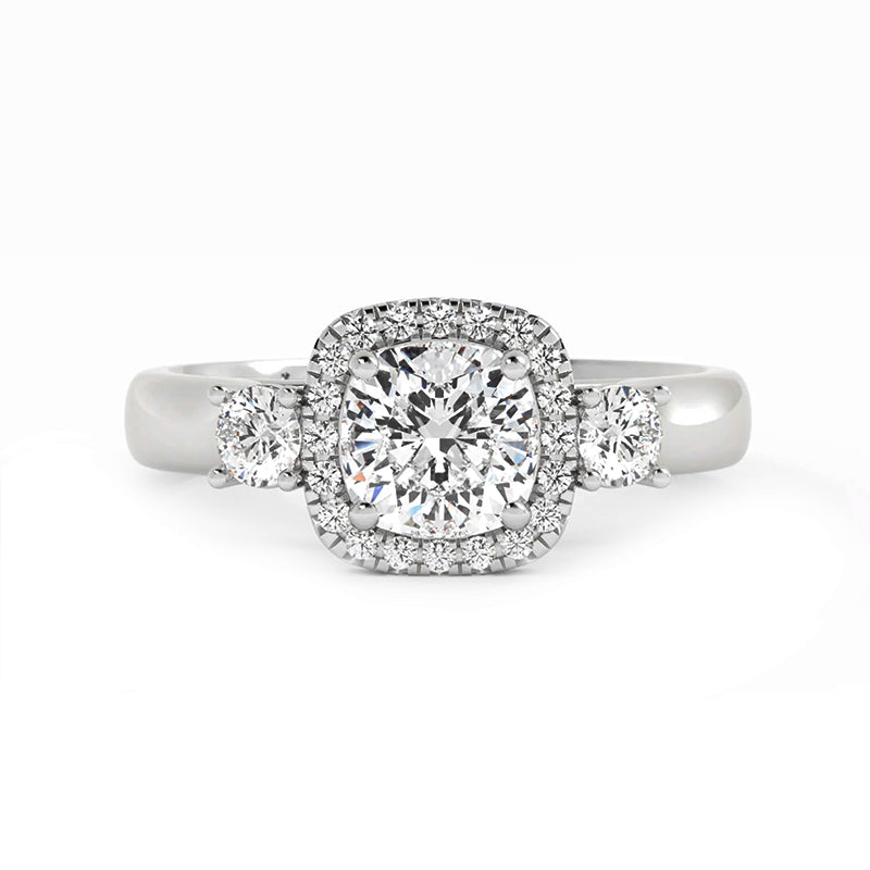 Three Stone Halo Cushion Moissanite Wide Band Engagement Ring