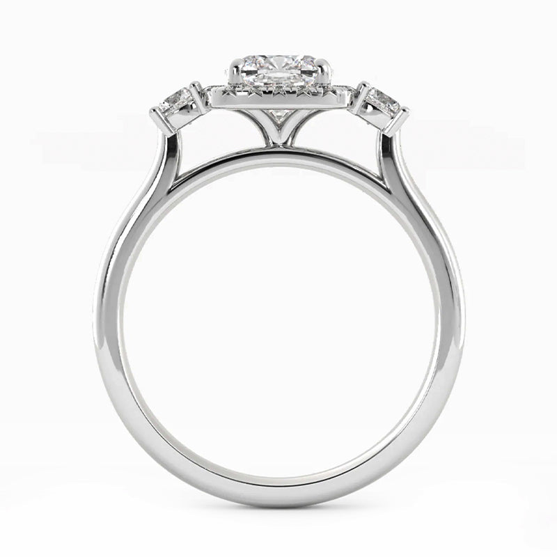 Three Stone Halo Cushion Moissanite Wide Band Engagement Ring