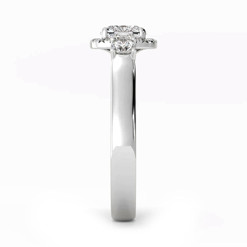 Three Stone Halo Cushion Moissanite Wide Band Engagement Ring