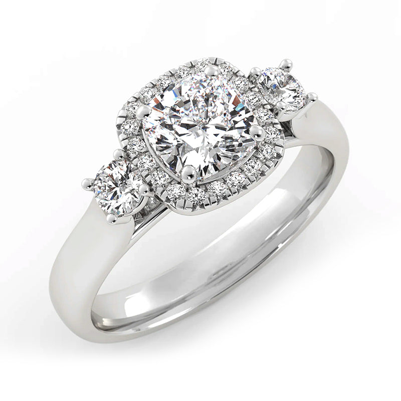 Three Stone Halo Cushion Moissanite Wide Band Engagement Ring