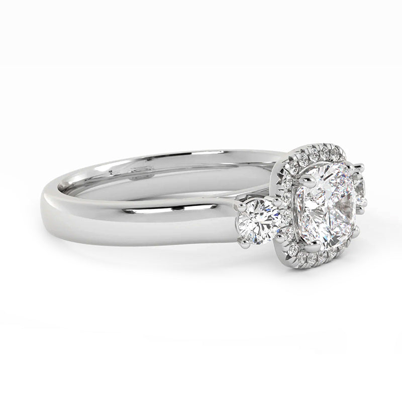 Three Stone Halo Cushion Moissanite Wide Band Engagement Ring