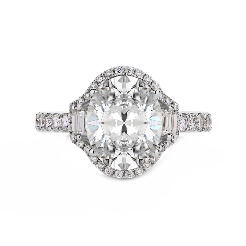 Three Stone Halo Oval Cut Moissanite And Baguette Pave Engagement Ring