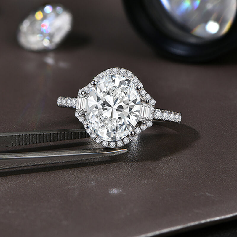 Three Stone Halo Oval Cut Moissanite And Baguette Pave Engagement Ring