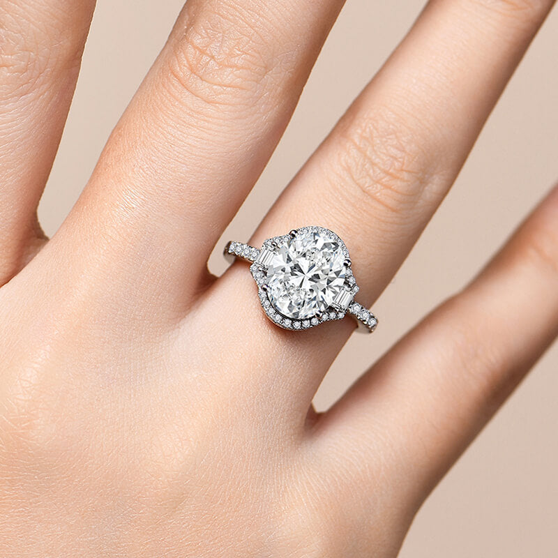 Three Stone Halo Oval Cut Moissanite And Baguette Pave Engagement Ring