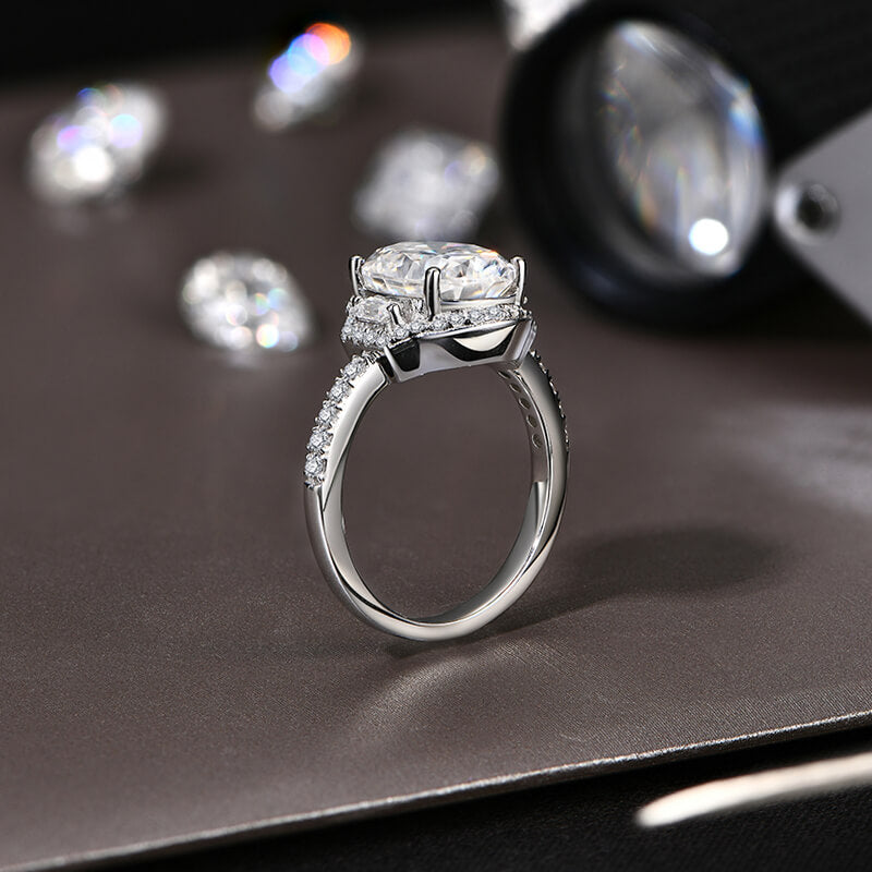 Three Stone Halo Oval Cut Moissanite And Baguette Pave Engagement Ring