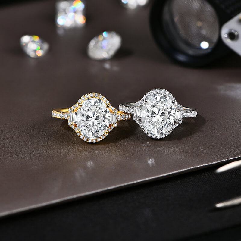 Three Stone Halo Oval Cut Moissanite And Baguette Pave Engagement Ring