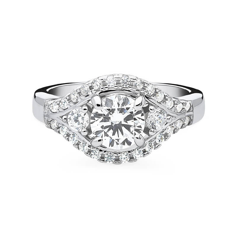 Three Stone Halo Round Moissanite Bypass Engagement Ring