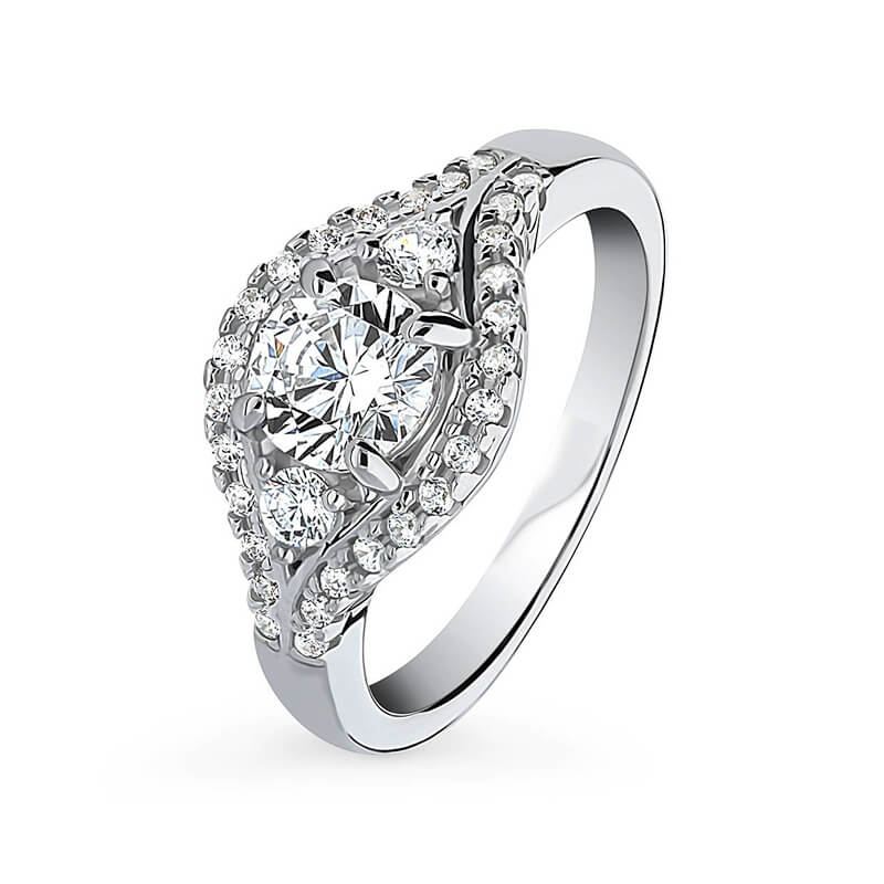 Three Stone Halo Round Moissanite Bypass Engagement Ring