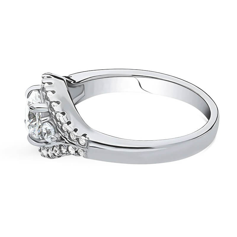 Three Stone Halo Round Moissanite Bypass Engagement Ring