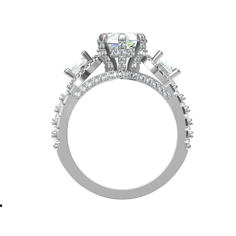 Three Stone Heart Cut Moissanite Pave Engagement Ring