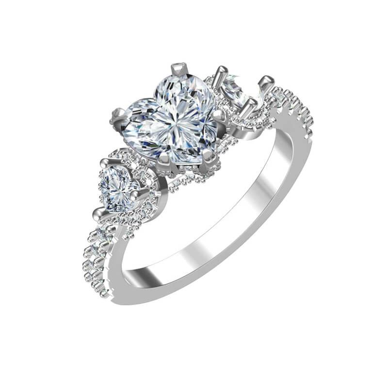 Three Stone Heart Cut Moissanite Pave Engagement Ring