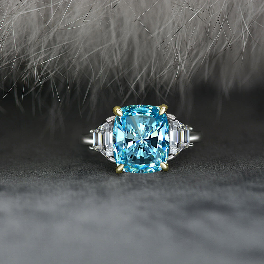 Three Stone Long Cushion Cut Sapphire Sterling Silver Ring