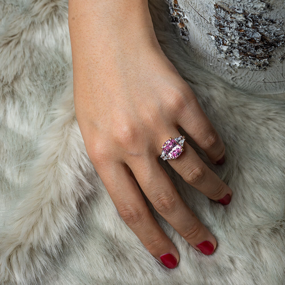 Three Stone Long Cushion Cut Sapphire Sterling Silver Ring