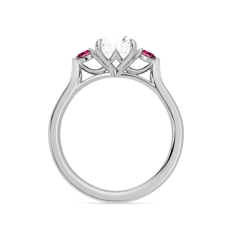 Three Stone Moissanite And Pear Ruby Engagement Ring