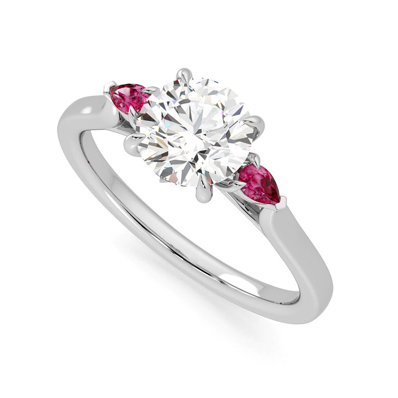 Three Stone Moissanite And Pear Ruby Engagement Ring