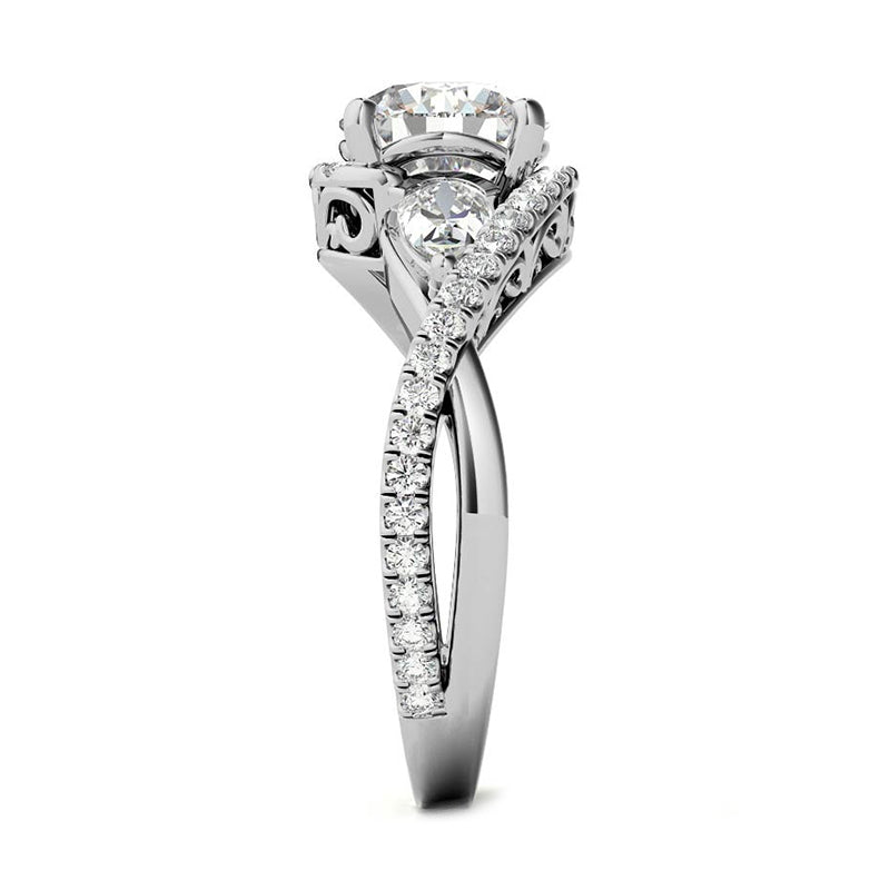 Three Stone Moissanite And Pear Side Stone Bypass Pave Engagement Ring