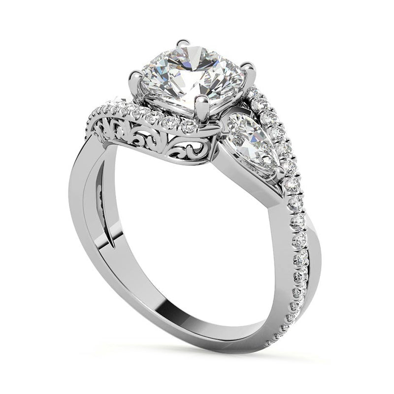 Three Stone Moissanite And Pear Side Stone Bypass Pave Engagement Ring