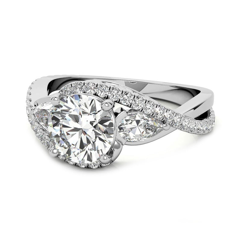 Three Stone Moissanite And Pear Side Stone Bypass Pave Engagement Ring