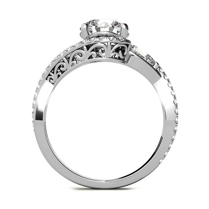 Three Stone Moissanite And Pear Side Stone Bypass Pave Engagement Ring