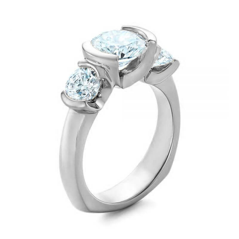 Three Stone Moissanite And Sapphire Bezel Euro Shank Engagement Ring