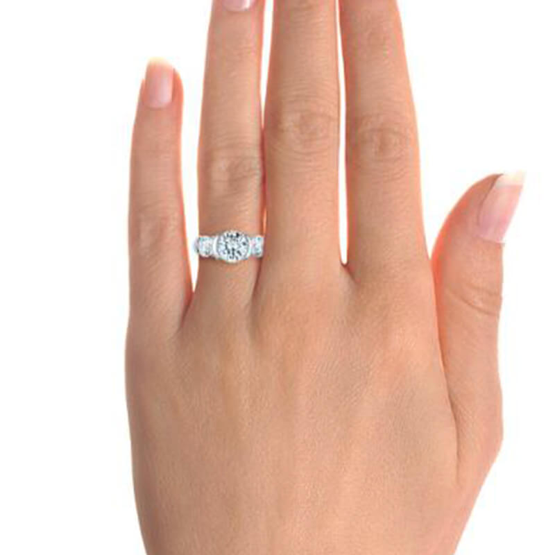 Three Stone Moissanite And Sapphire Bezel Euro Shank Engagement Ring
