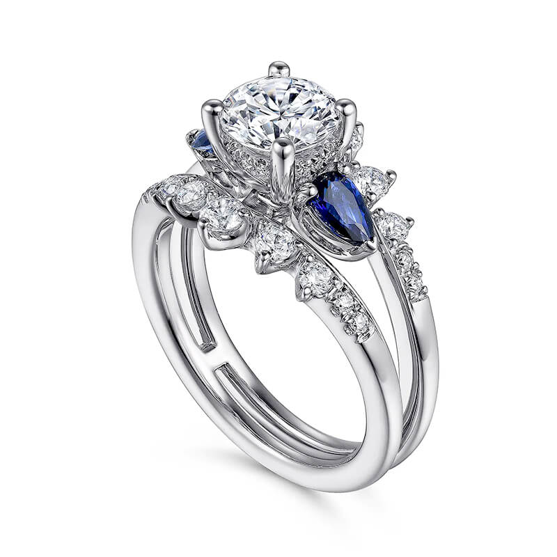 Three Stone Moissanite And Sapphire Enhanced Split Shank Engagement Ring