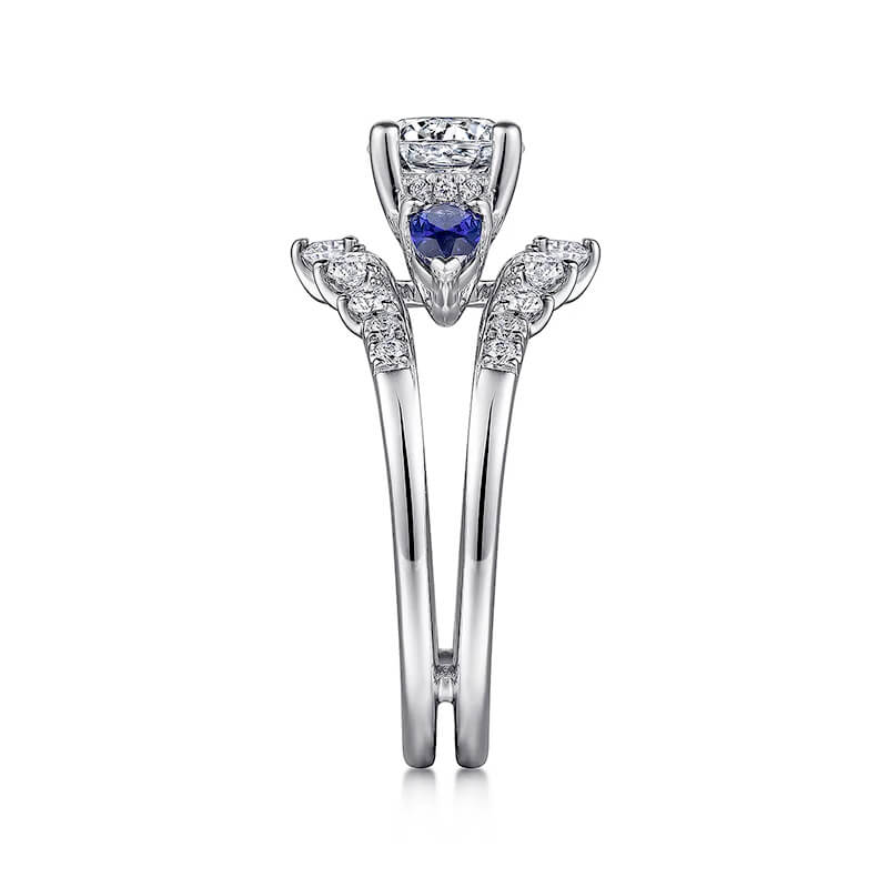 Three Stone Moissanite And Sapphire Enhanced Split Shank Engagement Ring