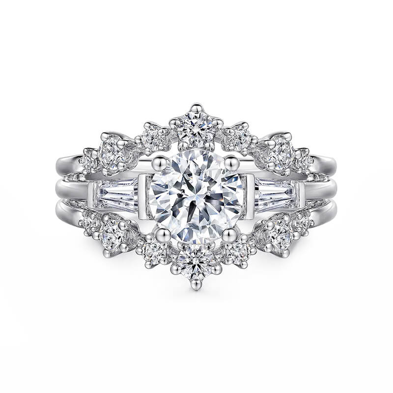 Three Stone Moissanite Tapered Sapphire Enhanced Split Shank Engagement Ring
