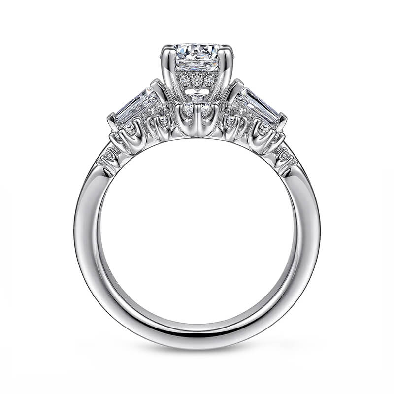 Three Stone Moissanite Tapered Sapphire Enhanced Split Shank Engagement Ring
