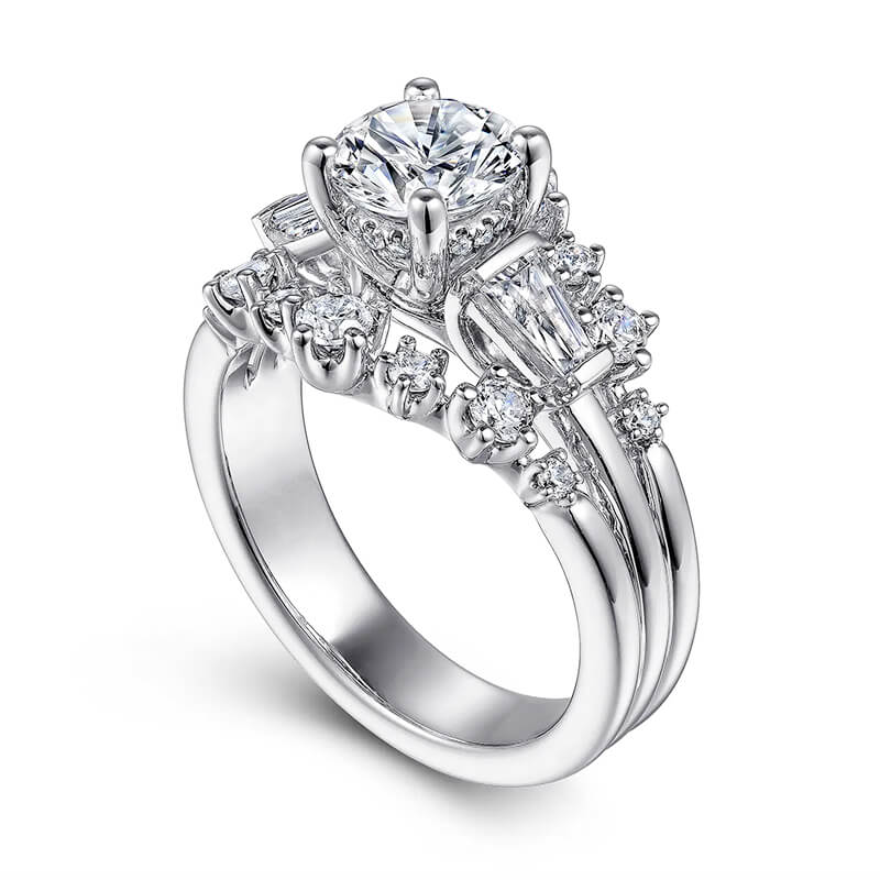 Three Stone Moissanite Tapered Sapphire Enhanced Split Shank Engagement Ring