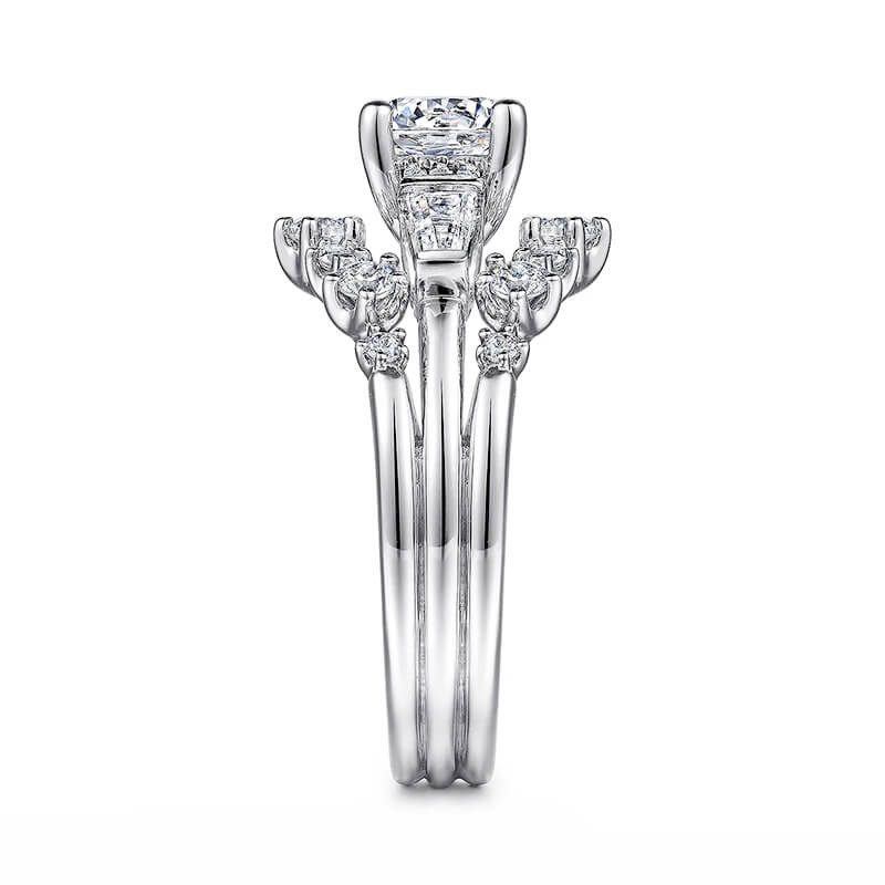 Three Stone Moissanite Tapered Sapphire Enhanced Split Shank Engagement Ring