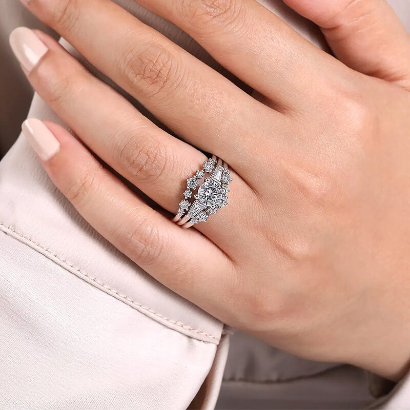 Three Stone Moissanite Tapered Sapphire Enhanced Split Shank Engagement Ring