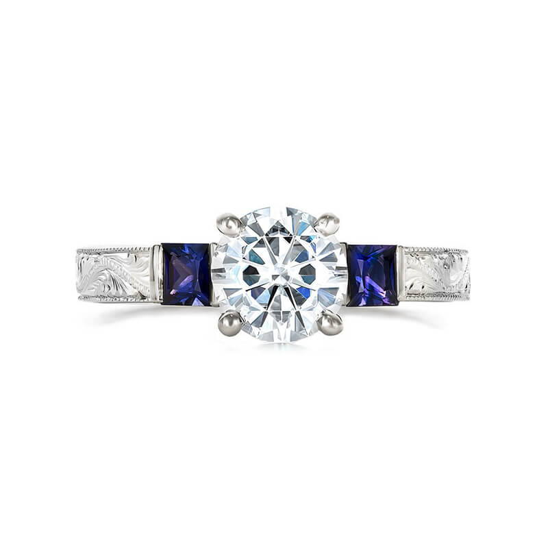 Three Stone Moissanite & Blue Sapphire Filigree Engagement Ring