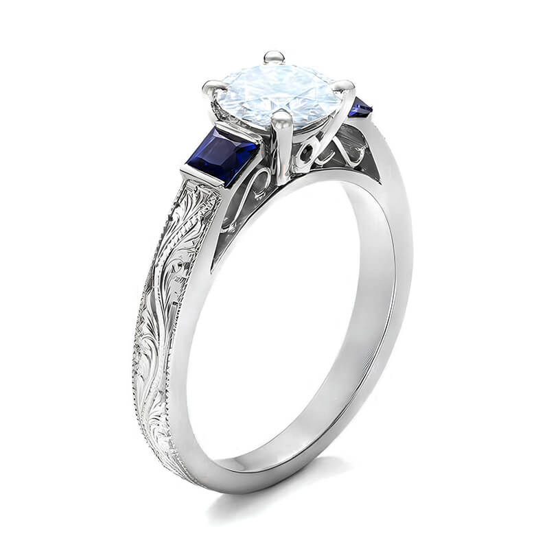 Three Stone Moissanite & Blue Sapphire Filigree Engagement Ring