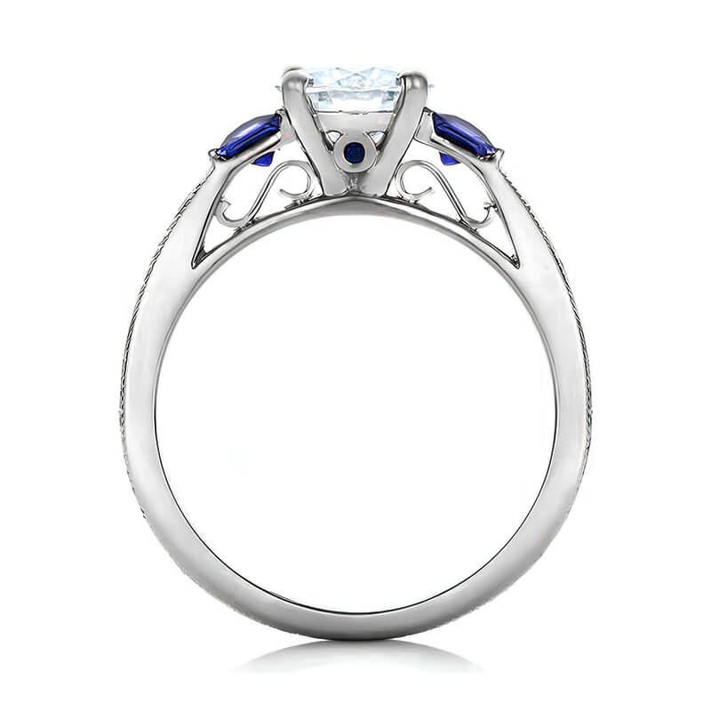 Three Stone Moissanite & Blue Sapphire Filigree Engagement Ring