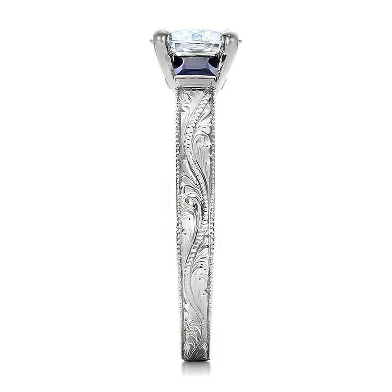 Three Stone Moissanite & Blue Sapphire Filigree Engagement Ring
