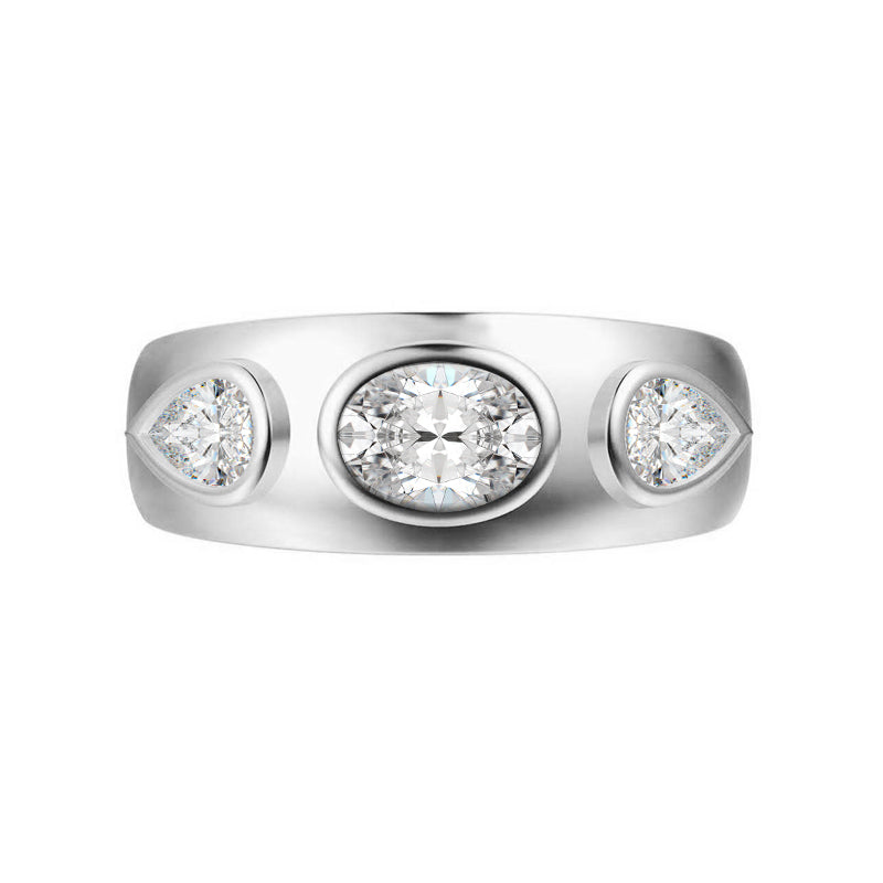 Three Stone Oval And Pear Moissanite Engagement Ring