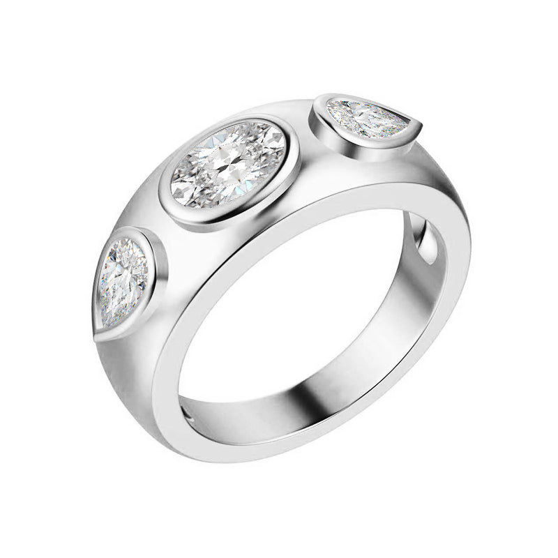 Three Stone Oval And Pear Moissanite Engagement Ring