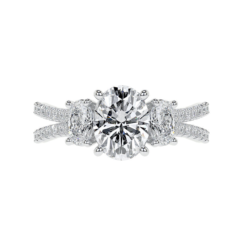 Three Stone Oval Moissanite Criss-Cross Pave Engagement Ring