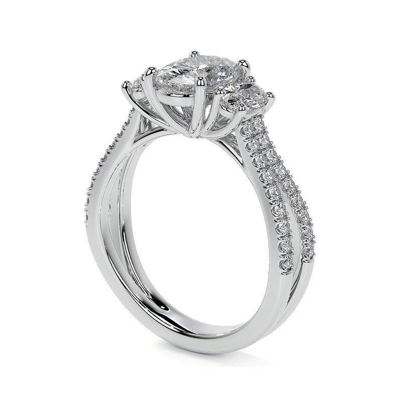 Three Stone Oval Moissanite Criss-Cross Pave Engagement Ring