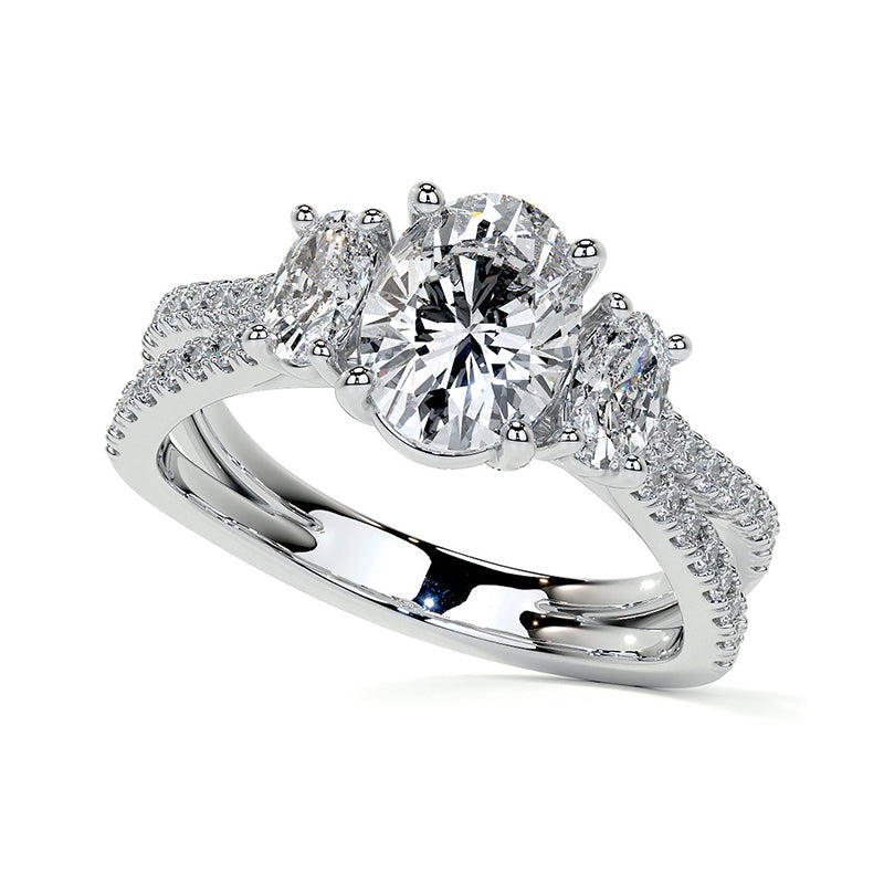 Three Stone Oval Moissanite Criss-Cross Pave Engagement Ring