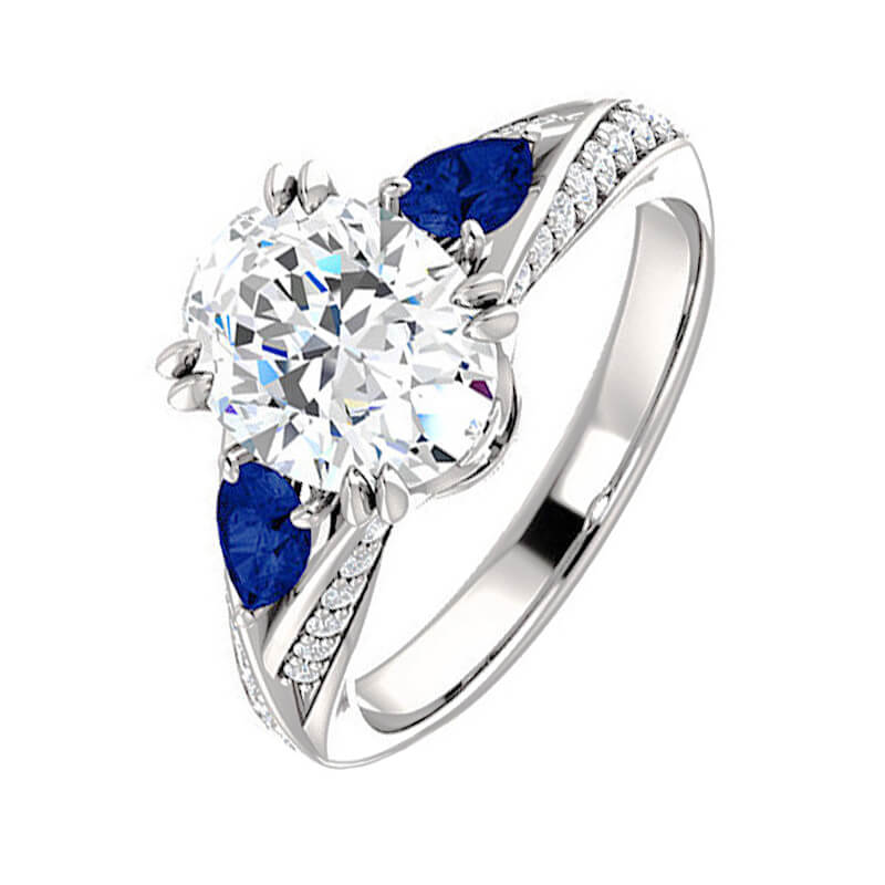 Three Stone Oval Moissanite With Pear Sapphire Split Pave Engagement Ring